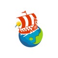 Playful traditional viking sail ship conquering the sea vector icon