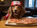 Dachshund posing as pizza delivery with mini box