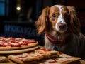 Dachshund posing as pizza delivery with mini box