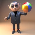 A playful vampire dracula in 3d in holiday mood holding a beach ball, 3d illustration