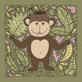 Playful vector card with doodle hand drawn a monkey, bananas and palm leaves.