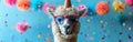 Festive Alpaca with Party Hat and Sunglasses Celebrating Birthday, New Year\'s Eve