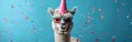 Festive Alpaca with Party Hat and Sunglasses Celebrating Birthday, New Year\'s Eve