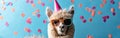 Festive Alpaca with Party Hat and Sunglasses Celebrating Birthday, New Year\'s Eve