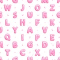 Playful And Vibrant Seamless Pattern Featuring An Alphabet Made Of Colorful Pink Bubble Gum. Each Letter Pops