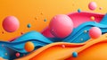 Playful and vivid abstract scene with glossy spheres and undulating waves in a harmonious blend of warm and cool colors