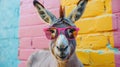 Chill Donkey in Pastel Shades: A Fun Wall Art Depicting a Laidback Animal with Cool Sunglasses against a Colorful Backdrop Royalty Free Stock Photo