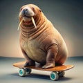A playful walrus performs tricks on a skateboard