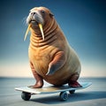 A playful walrus performs tricks on a skateboard