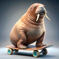 A playful walrus performs tricks on a skateboard