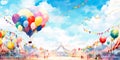 playful watercolor background with bright and bold colors, perfect for a festive carnival scene with balloons, rides