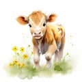 Playful Watercolor Calf Discovering Buttercups in a Summer Pasture AI Generated
