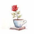 Playful Watercolor Illustration Of A Rose In A Tea Cup