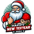 A playful and whimsical Santa Claus mascot celebrates Happy New Year 2024.