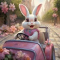 Playful White Bunny and the Pink Car