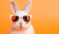 Playful white bunny with sunglasses on vibrant solid background, ideal for text and captions