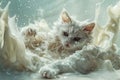 Playful White Fluffy Cat Splashing in Milky Liquid with Whiskers and Fur Detailed Artistic Fantasy Scene
