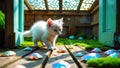 Adorable White Kitten Playing on Wooden Deck with Iridescent Decorations Royalty Free Stock Photo