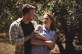 Playful young couple enjoying at olive farm Royalty Free Stock Photo