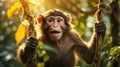 Adorable Baby Monkey Swinging on a Vine in Jungle Sunlight Royalty Free Stock Photo