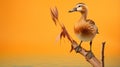 Playful Zbrush Art: Hyperrealistic Duck Perched On Orange Branch