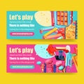 Playground banner design with bench, slide, springy watercolor illustration