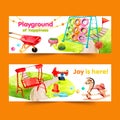 Playground banner design with swing, springy watercolor illustration