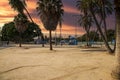 a playground with a blue and brown jungle gym and a baseball field with lush green palm trees and grass with powerful clouds