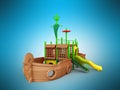 Playground for children ship brown yellow green 3d render on blu