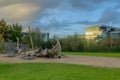 Playground for children with Viking ship. The Viking ship at the playground of Schleswig, Schleswig-Holstein, Germany. The sunset Royalty Free Stock Photo