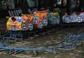 Playground for children& x27;s full-color train cars in the garden