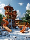 A playground with a chute and tower under a cloudy sky Royalty Free Stock Photo