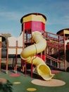 Playground with climbing frame, ladder, tube, slide in a park in Szekesfehervar, Hungary