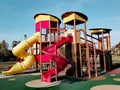 Playground with climbing frame, ladder, tube, slides in a park in Szekesfehervar, Hungary