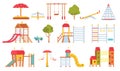 Playground equipment. Kids park carousels, swings and game modules with slides. Climbing wall and sandpit. Flat outdoor