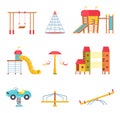 Playground equipment for kids, park for entertainment. Slide, season, swing car for outdoor kindergarten yard