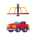 Playground Equipment with Metal Roundabout with Rotating Board and Car Vector Set