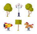 Playground Equipment with Roundabout, Lamp and Tree Vector Illustration Set Royalty Free Stock Photo