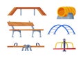 Playground Equipment with Wooden Seesaw, Bench, Tube, Ladder and Carousel Vector Set Royalty Free Stock Photo