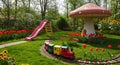 Playground featuring a red slide, a whimsical large mushroom structure, and a s Royalty Free Stock Photo