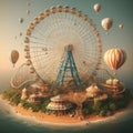 A playground with ferris wheel, roller coaster, carousel, air ballons, beautiful and fun scene, dreamlike, funland, design, art Royalty Free Stock Photo