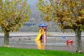 Playground with geese is submerged after floods