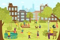 Playground for fun childhood at outdoor park, cute cartoon girl boy people vector illustration. Young happy kids play at Royalty Free Stock Photo