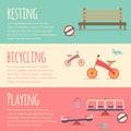 Playground infographic elements flat illustration.Kids playing equipment infographics set