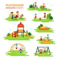 Playground infographic elements vector flat illustration, children play on the outdoors, in the sandbox, boys and girls