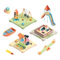 Playground isometric. Place for funny games kids preschool playing with babysitter in amusement park toys vector