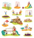 Playground with kids elements collection, vector illustration. Outdoor entertainment for children charcater. Boy girl