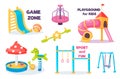 Playground for kids set with slide and swing, carousel and sandbox and horizontal bar with rings. Children area for Royalty Free Stock Photo