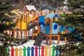 Playground In the mountain park. Winter forest and playground