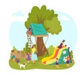 Playground at nature park, vector illustration. Happy girl boy childhood, children play in cartoon outdoor kindergarten. Royalty Free Stock Photo